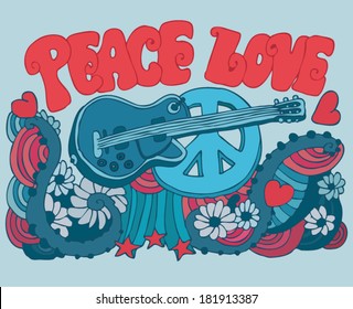 Peace Love Music vector illustration of a guitar, hippie symbol