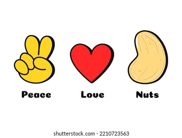 Paz, amor, nueces concepto impreso para camiseta. Diseño del logotipo de la ilustración de la línea de dibujos animados vectores. Signo de paz, corazón, huella de cajú para afiche, camiseta, concepto de logo