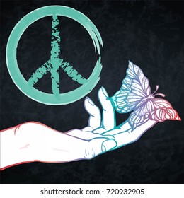 Peace and love pacific hippie symbol with hand and butterfly. EPS10 vector