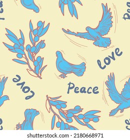 Peace and love pattern with dove bird and olive branch symbol of world peace. Background, packing paper, wallpaper, textile print, fabric design. Hand drawn illustration. Cartoon line vector drawing.
