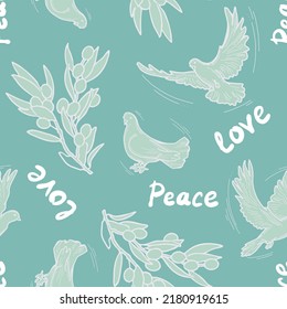 Peace and love pattern with dove bird and olive branch symbol of world peace. Background, packing paper, wallpaper, textile print, fabric design. Hand drawn illustration. Cartoon line vector drawing.