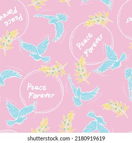 Peace and love pattern with dove bird and olive branch symbol of world peace. Background, packing paper, wallpaper, textile print, fabric design. Hand drawn illustration. Cartoon line vector drawing.