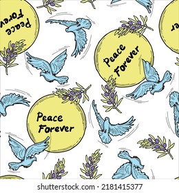 Peace and love pattern with dove bird and olive branch symbol of world peace. Background, packing paper, wallpaper, textile print, fabric design. Hand drawn illustration. Cartoon line vector drawing.