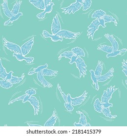 Peace and love pattern with dove bird symbol of world peace. Background, packing paper, wallpaper, textile print, fabric design. Hand drawn illustration. Cartoon line art vector drawing.