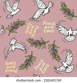 Peace and love pattern with dove bird and olive branch symbol of world peace. Background, packing paper, wallpaper, textile print, fabric design. Hand drawn illustration. Cartoon line vector drawing.