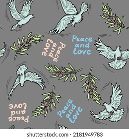 Peace and love pattern with dove bird and olive branch symbol of world peace. Background, packing paper, wallpaper, textile print, fabric design. Hand drawn illustration. Cartoon line vector drawing.