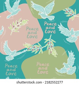 Peace and love pattern with dove bird and olive branch symbol of world peace. Background, packing paper, wallpaper, textile print, fabric design. Hand drawn illustration. Cartoon line vector drawing.