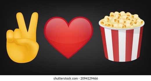 Peace Love and Popcorn Illustration Emoji Design. Motivational Quote Emoticon Vector Symbol.
