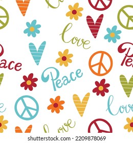 Peace love positive thinking cute icons seamless vector pattern