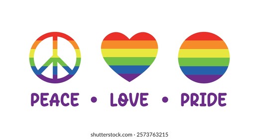 Peace Love Pride month, T-Shirt Design with three elements and text, vector illustration