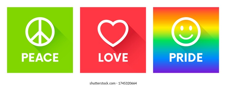 Peace Love Pride - symbol logo design. Gay pride quotes.