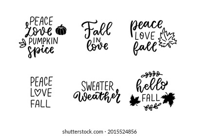 Peace, Love, Pumpkin Spice. Fall. Fall In Love. Sweater Weather. Hello Fall. Thanksgiving Quotes Set. Hand Letterin Overlay. Brush Calligraphy Bandle. Vector Text Background, Greeting Card Design.