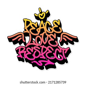 Paz. Amor. Respeto. Composición de fuentes de graffiti. Ilustración vectorial.