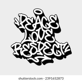 Paz. Amor. Respeto. Composición de fuentes de graffiti. Ilustración vectorial.