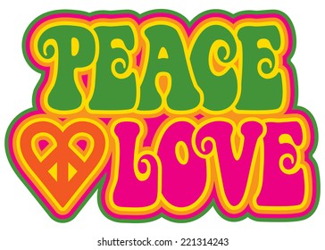 Peace and Love retro-style text design with a peace heart symbol.