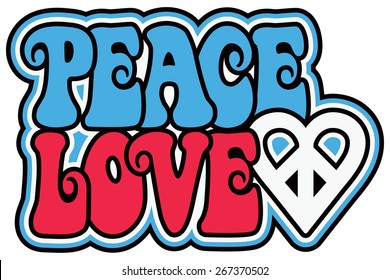 Peace and Love retro-styled text design with a peace heart symbol in patriotic colors.