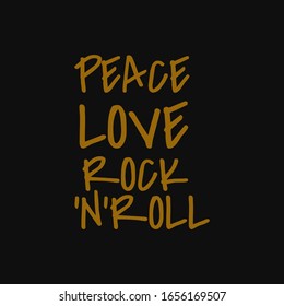 Friede liebe Rock n Roll. Inspiration Zitat, kreative Typografie-Kunst mit schwarz-goldenem Hintergrund.