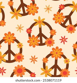 Signes de paix et d'amour avec motif Groovy Retro Fleurs harmonieux. Pour Tissu, textile et papier d'emballage. 
