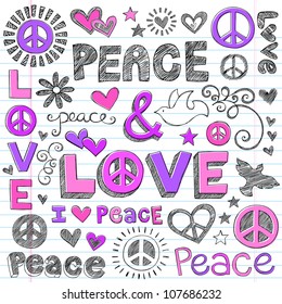 Peace & Love Sketchy Notebook Doodles Design Elements on Lined Sketchbook Paper Background- Vector Illustration