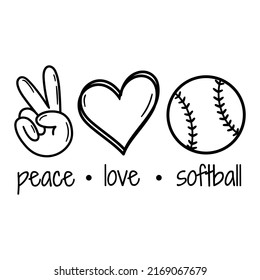 Peace Love Softball Ilustración vectorial.  Aislado sobre fondo blanco. Bueno para carteles, camisetas, postales.