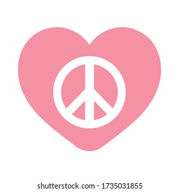 peace and love symbol inside heart flat style icon design of Hippie art and creative theme Vector illustration