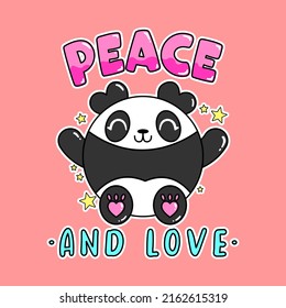 TEXTO DE PAZ Y AMOR CON UN OSO DE PANDA CUTIDO, VECTOR DE IMPRESIÓN DE LEMA