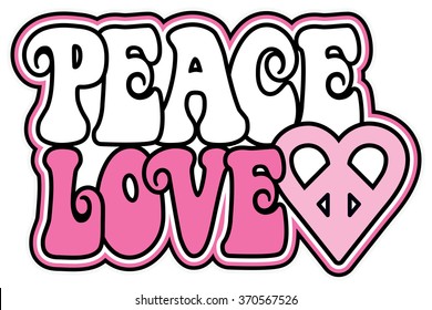 Peace and Love text design with a peace heart in shades of pink.