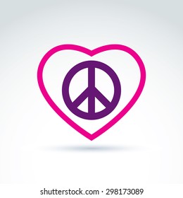 Peace and love theme - antiwar and love vector icons, loving heart sign with peace symbol from 60th. Harmony relationship illustration isolated on white background.