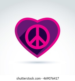 Peace and love theme - antiwar and love vector icons, loving heart sign with peace symbol from 60th. Harmony relationship illustration isolated on white background.