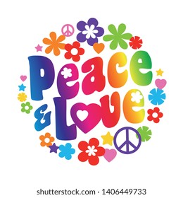 Peace and love typography in a circle with flowers and peace and love sign