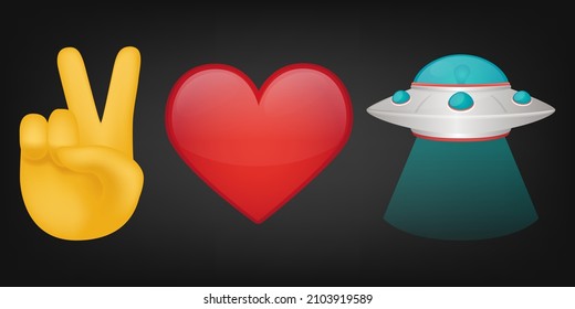 Peace Love and UFO Illustration Emoji Design. Motivational Quote Emoticon Vector Symbol.