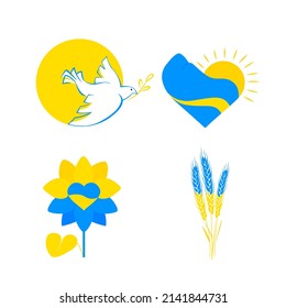 Peace and love Ukraine element set. Peace concept with Ukraine national flag, pigeon, wheat ears and heart shape. Simple print for stickers, poster and banner design. Vector illustration