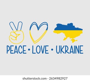 Peace Love Ukraine, Say no to the war, Russian and Ukrainian conflict, heart, square and round shape, Ukrainian flag symbol, Blue and yellow illustration