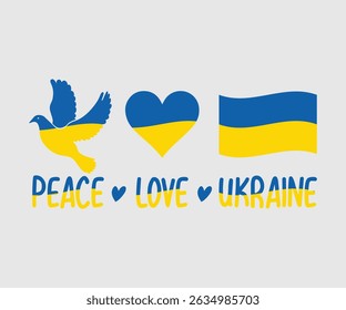 Peace Love Ukraine, Say no to the war, Russian and Ukrainian conflict, heart, square and round shape, Ukrainian flag symbol, Blue and yellow illustration