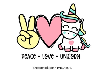 Peace Love Unicorn.  For Valentine day and Horse lover design on t-shirt, mug, bag, mask background illustration.