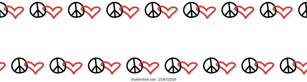 Peace and love - vector border, frame with international symbol of pacifism, disarmament, world peace. Simple horizontal top and bottom edging, decoration, seamless pattern in doodle flat style