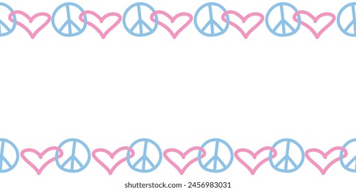 Peace and love - vector border, frame with international symbol of pacifism, disarmament, world peace. Simple horizontal top and bottom edging, decoration, seamless pattern in doodle flat style