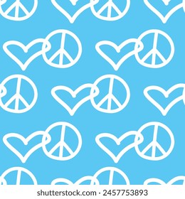 Peace and love - vector seamless pattern with international symbol of pacifism, disarmament, world peace in simple doodle flat style.