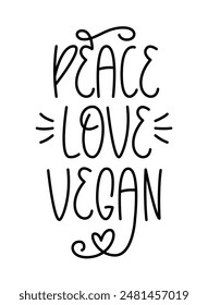 Peace Love Vegan Handwritten Phrase. Vector Hand Lettering of Vegan Quote.