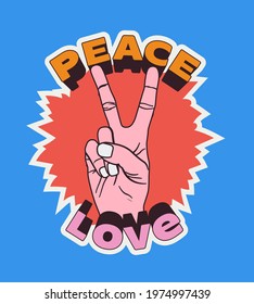 Peace Love vintage comic styled label or sticker or poster or t-shirt design template with peace hand gesture in bright colors. Isolated on blue background. Vector illustration