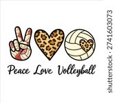Peace Love Volleyball Leopard Pattern Sports Typography Vector Isolated on White Background