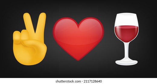 Peace Love and Wine Illustration Emoji Design. Motivational Quote Emoticon Vector Symbol.