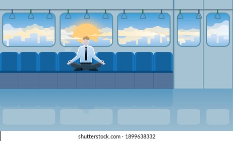 Peace of mind concept. Meditation businessman sitting cross-legged on a seat in train public transportation. Relieve stress, mindfulness, knowing breath and relaxing time after serious working hours.