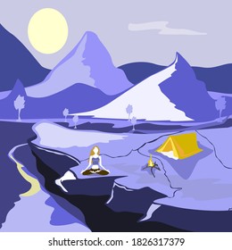 peace of mind, enjoying natures beauty, mindfulness in camping, maditation and blissfulness vector illustration