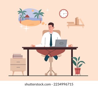 Peace of mind. Man sits at his workplace in lotus position and dreams of beach. Travel to tropical and exotic places and tourism. Concentration and attention. Cartoon flat vector illustration