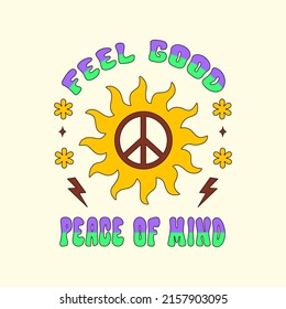 Peace of mind retro vintage print with celestial sun, magic elements, flowers and text. Vector illustration in style hippie 60s, 70s. All objects are isolated