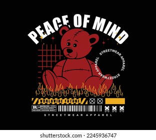 peace of mind slogan with cute bear doll hand drawn illustration, vector design for streetwear and urban style t shirts design