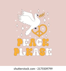 Peace in a modern retro style. Beautiful white pigeon. Love heart peace sign symbol. No war. 1970 good vibes. Vector illustration. Groovy hippy design. Peace please text. Love lettering. 