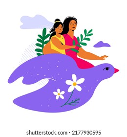 Peace and motherhood - modern colorful flat design style illustration on white background. Scene with mother and child flying astride a large dove. Tranquility, family values, care and peace idea