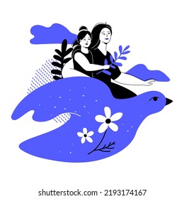 Peace and motherhood - modern colorful flat design style illustration on white background. Scene with mother and child flying astride a large dove. Tranquility, family values, care and peace idea